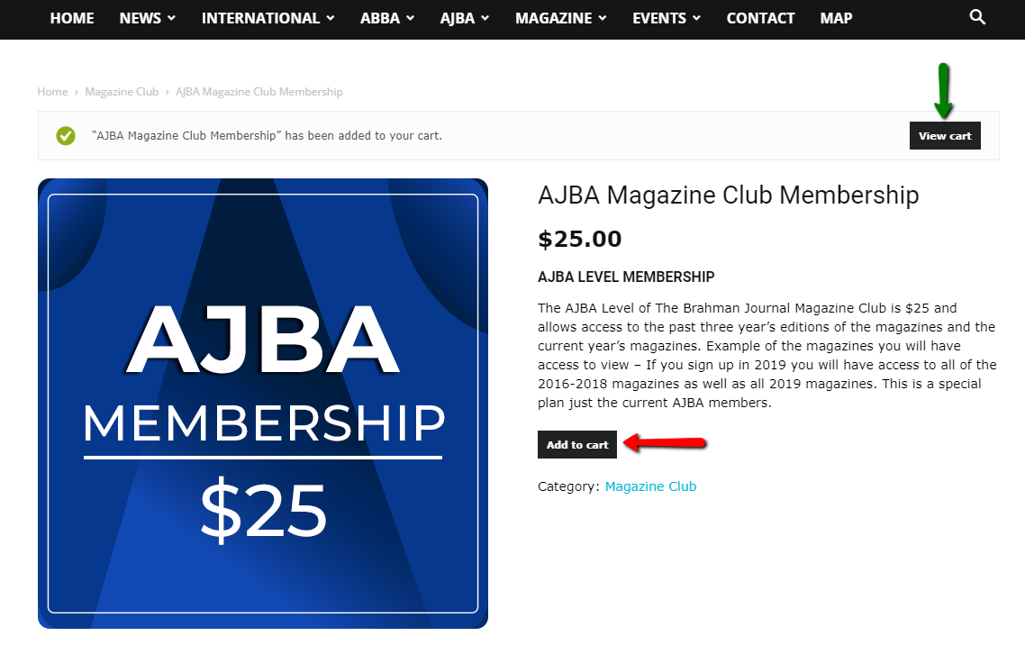 AJBA add to cart page