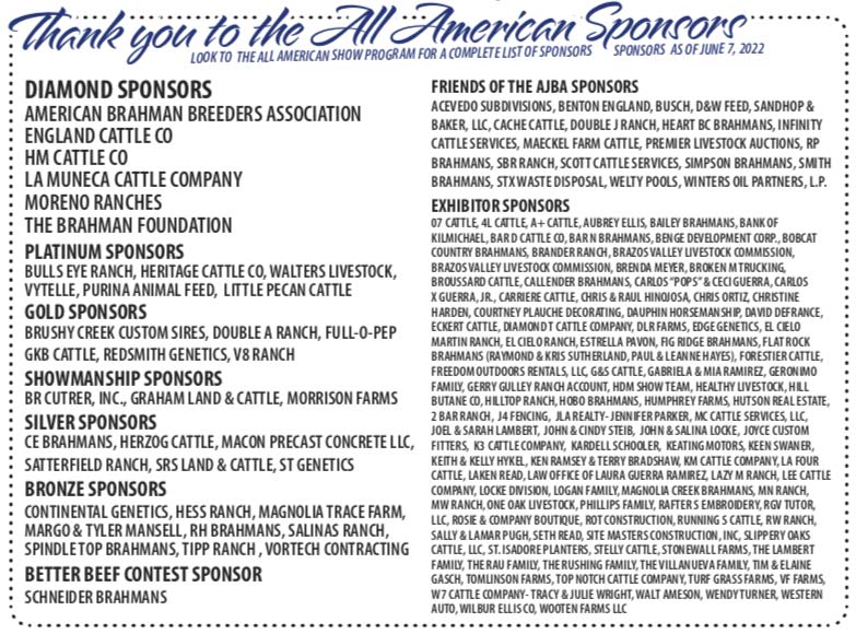 Thank you to the All American Sponsors