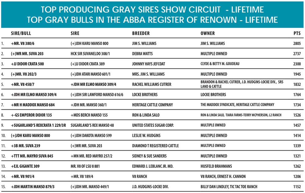 TOP PRODUCING GRAY SIRES SHOW CIRCUIT - LIFETIME | TOP GRAY BULLS IN THE ABBA REGISTER OF RENOWN - LIFETIME